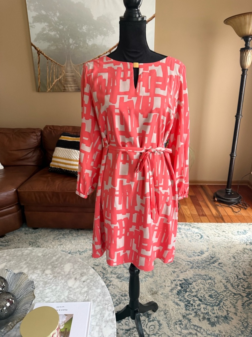 Coral Abstract Print Tie-Waist Midi Dress - Picture 2 of 14